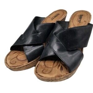 Born Concepts Black Leather Cork Wedge Cross Strap Comfort Sandals Size 9